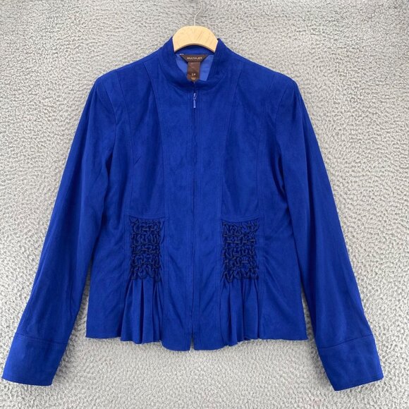 Multiples Jacket Womens Small Blue Faux Suede Full Zip Stretch Ruched Everyday - Picture 1 of 11